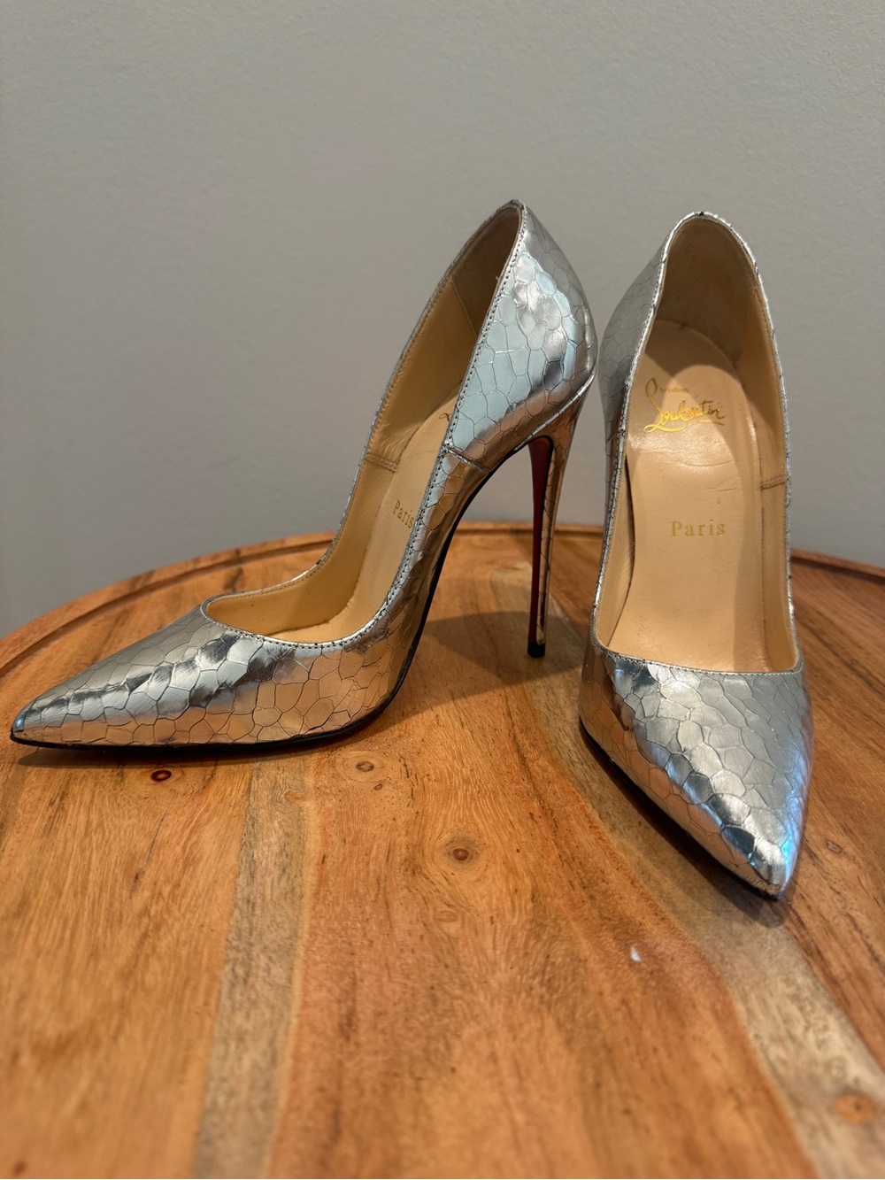 Christian Louboutin So Kate Silver Snakeskin-Effect Pointed Toe Pumps